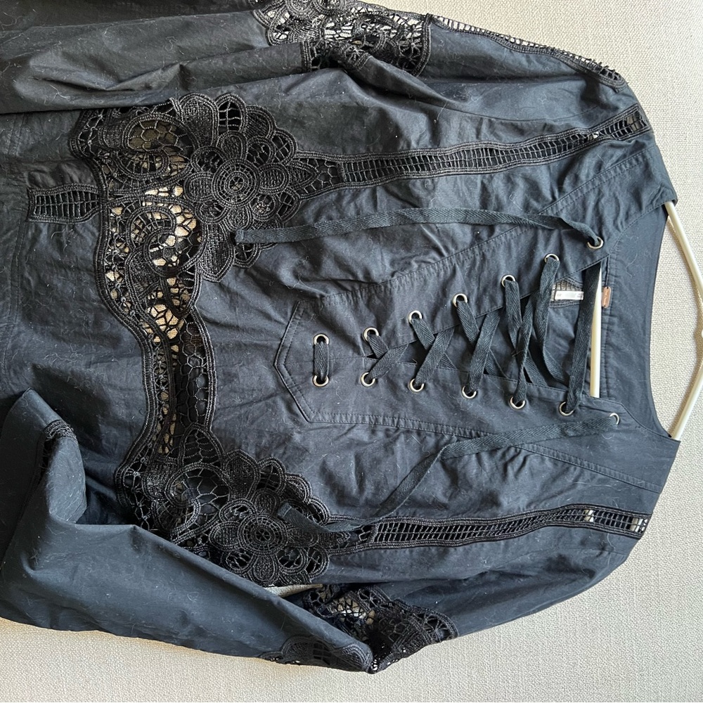 Black Lace-Up Blouse with Lace Details